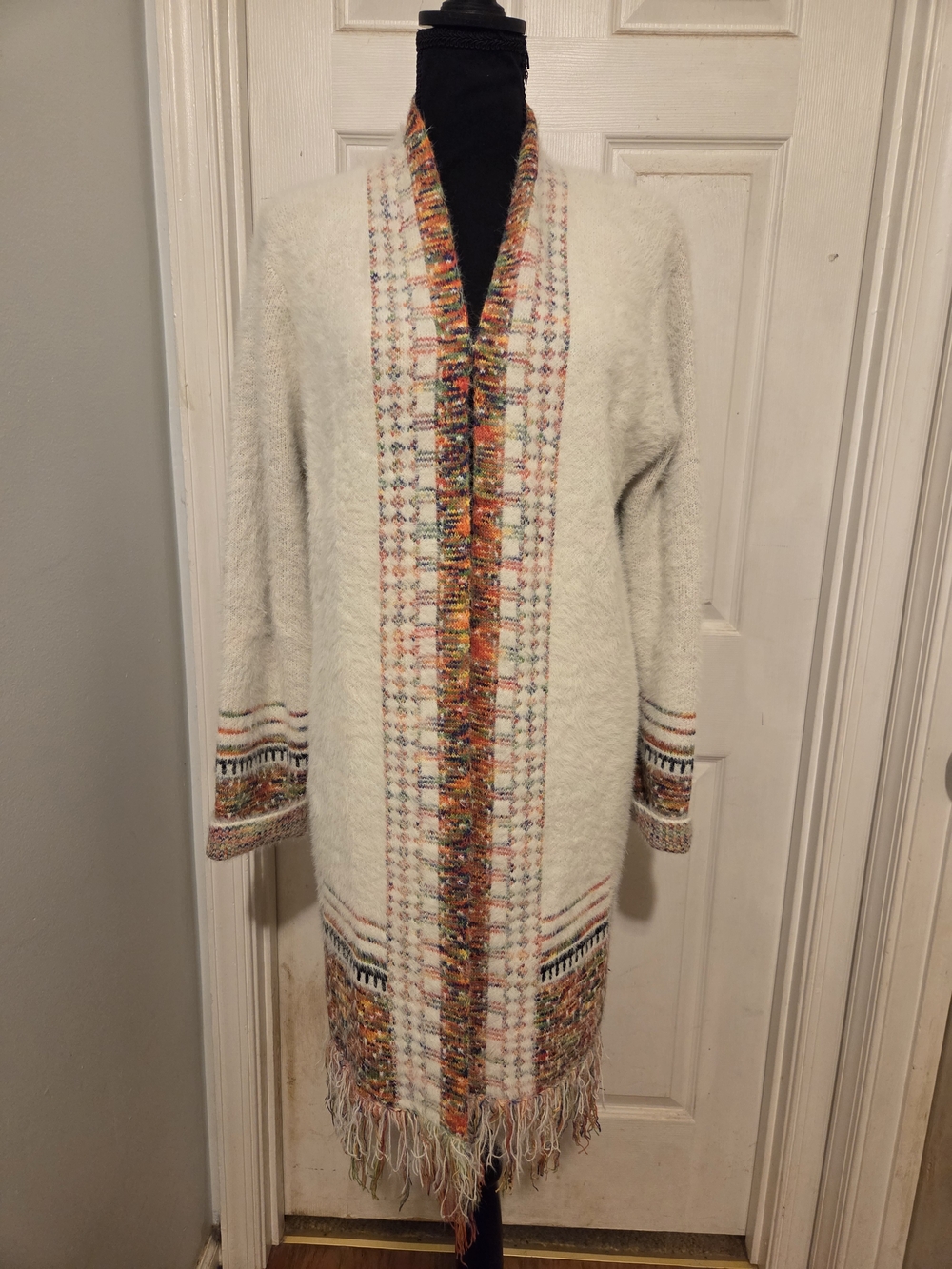 Cream Long Open-Front Fringe Knit Sweater Cardigan